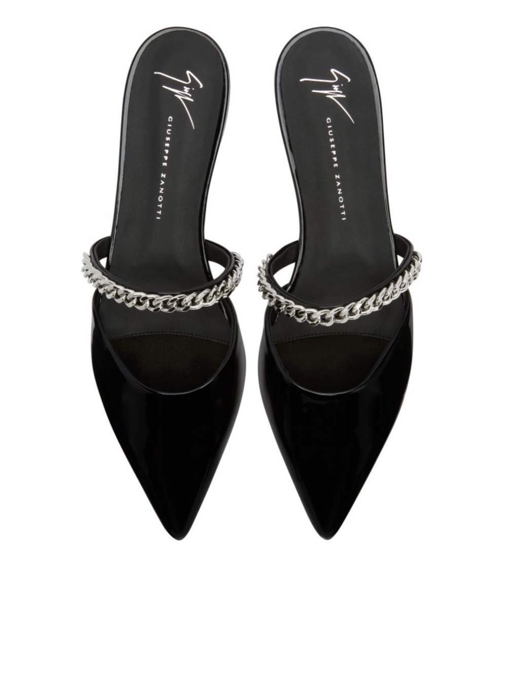 Giuseppe Zanotti Black Patent Pointed Mules with Silver Chain Trim